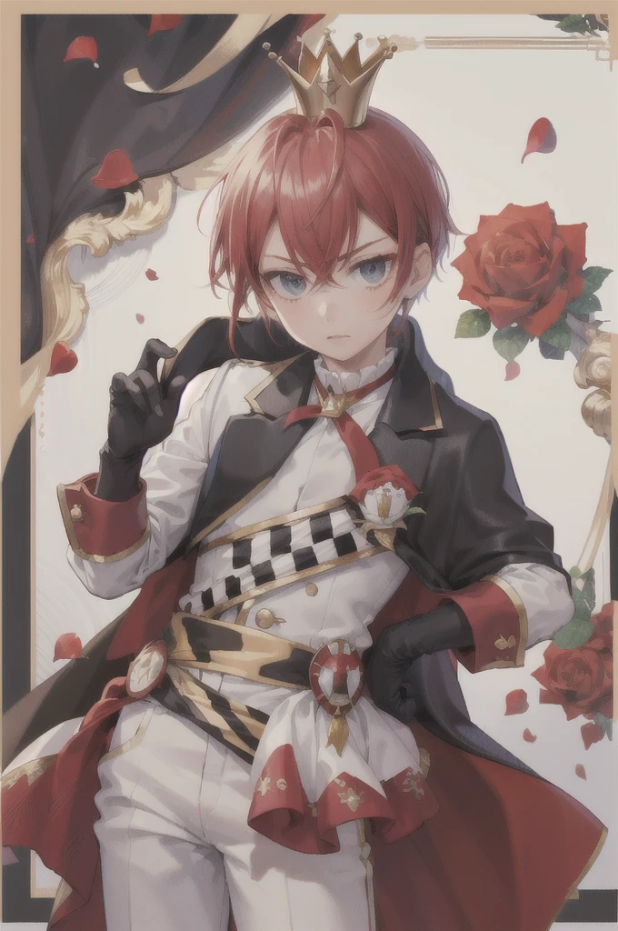 (masterpiece, Highest quality:1.2), Cowboy Shot, alone, Male Focus, One boy, Mysterious Roseheart, Expressionless, Mouth closed, View your viewers, Hands on hips, Mini Crown, Gold border, Cape, White pants, Black gloves,(Chessboard Background),rose petals are dancing