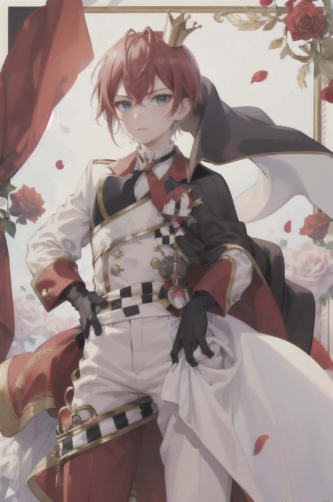 (masterpiece, Highest quality:1.2), Cowboy Shot, alone, Male Focus, One boy, Mysterious Roseheart, Expressionless, Mouth closed, View your viewers, Hands on hips, Mini Crown, Gold border, Cape, White pants, Black gloves,(Chessboard Background),rose petals are dancing