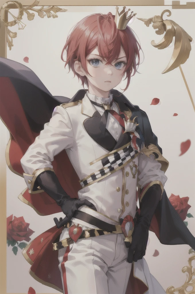 (masterpiece, Highest quality:1.2), Cowboy Shot, alone, Male Focus, One boy, Mysterious Roseheart, Expressionless, Mouth closed, View your viewers, Hands on hips, Mini Crown, Gold border, Cape, White pants, Black gloves,(Chessboard Background),rose petals are dancing