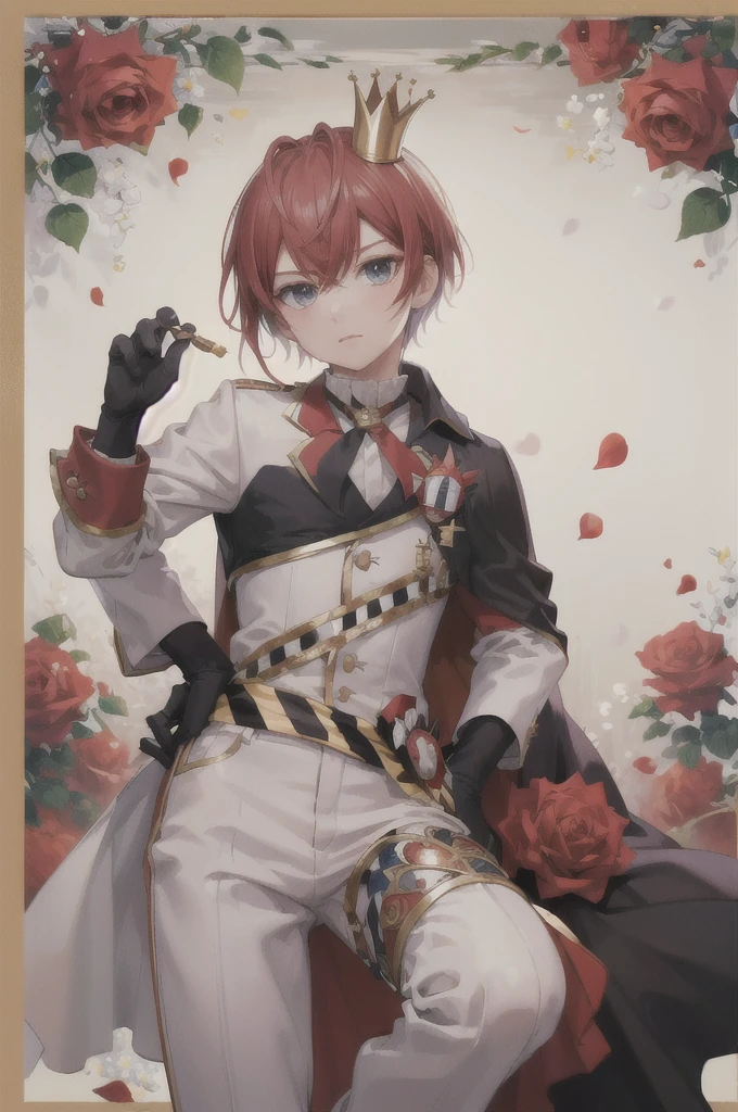 (masterpiece, Highest quality:1.2), Cowboy Shot, alone, Male Focus, One boy, Mysterious Roseheart, Expressionless, Mouth closed, View your viewers, Hands on hips, Mini Crown, Gold border, Cape, White pants, Black gloves,(Chessboard Background),rose petals are dancing