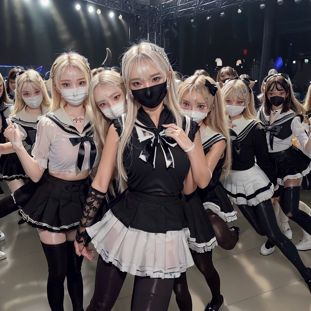 8K resolution, surreal, Super detailed, high quality, perfect anatomy, perfect proportion,
((((((A group photo of home party at midnight, women only, most crowded indoor festival at night club, 7 girls, group photo)))))),
(((((jirai fashion, sailor collar, sailor uniform with many frills, Lace, black micro skirt, bow ribbon))))),
(((black clothes))),
((grin, smile, happy)), ((((wearing black face mask)))),
((((bright bleached hair))))+, (((medium breasts))), posing,
(((shiny detailed oiled porcelain skin))),
(((black see-through tights))), looking at viewer, full body