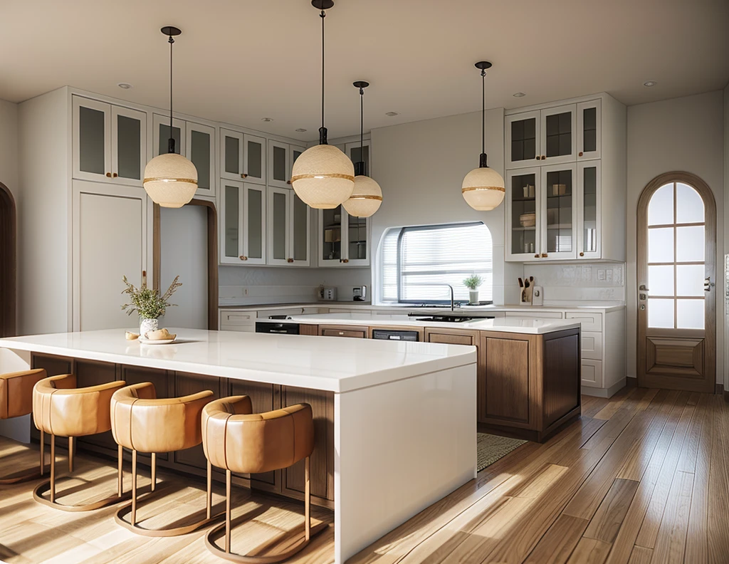 kitchen design, Super sharp like photos taken with a professional camera, (Masterpiece,best quality,8k uhd,dslr,soft lighting,high quality,hyper detail,film grain,Fujifilm XT3, UE 5 render 8k, super high resolution, supper detail:1.2), color block wall decor, abtract poster decor, glossy floor, (((volumetric light)))