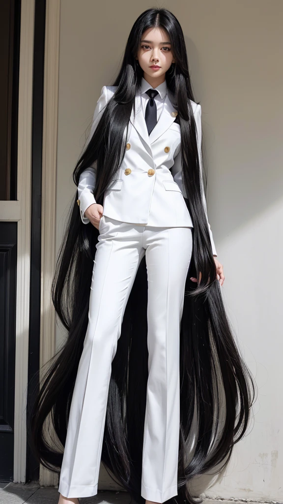 woman, (สาวสวยTwo meter long hair, My hair is very long., extra long hair, long black hair), (suitสไตล์อิตาลี, suitสองปุ่ม), (Italian suit, white suit, Set of two buttons), (ใส่สูทwoman, Business woman&#39;suit, white), (suitwomanwhite), (เสื้อเชิ้ตwhite), necktie, (necktieสั้นสีดำ, necktieสีดำ, necktieผอม, ถักnecktie), (military rank insignia), (Short pencil skirtwhite), (Dynamic posts), full body, (A gigantic rift), (big breasts, thin body, small waist, hips raised, small thighs, Long legs), high-heelsสีดำ, (Short pencil skirt, white), Wearing a suit for a business woman, (Wearing a white businessuit, สูทนักธุรกิจหญิงwhite), (tight, military regalia, เสื้อwhite, กระโปรงwhite), (black shoes), (Two gold suit buttons, Two meter long hair, suitเข้ารูป, เสื้อสูทwhiteทรงธรรมดารัดรูป), (black shoes, high-heels), (stand, walk, elegant posture, Dynamic posts), short dress, earring, garden, monument