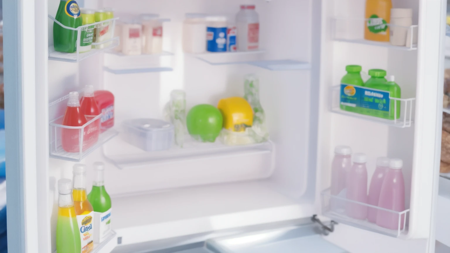 Outdoor refrigerator, shelves with products on the doors, Realistic style, realistic texture, bright lighting, high quality, Multiple light sources, high detail