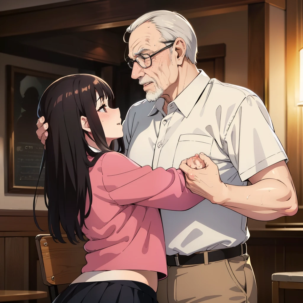 (nsfw:1.2),((One girl, 1 Elderly)), (Skirt flip:1.4), ((Old man grabs woman&#39;s waist)), The old man laughs evilly, Huge breasts:1.7, Anime cel painting style, Highest quality, High resolution, Huge breasts:1.8, good, High leg panties,blue eyes, Purple Hair, bangs, Side Ponytail, hair ornaments, Embarrassing, fear, blush, View Viewer, whole body、(((Completely naked:1.8)))、He is moving his hands violently to his crotch