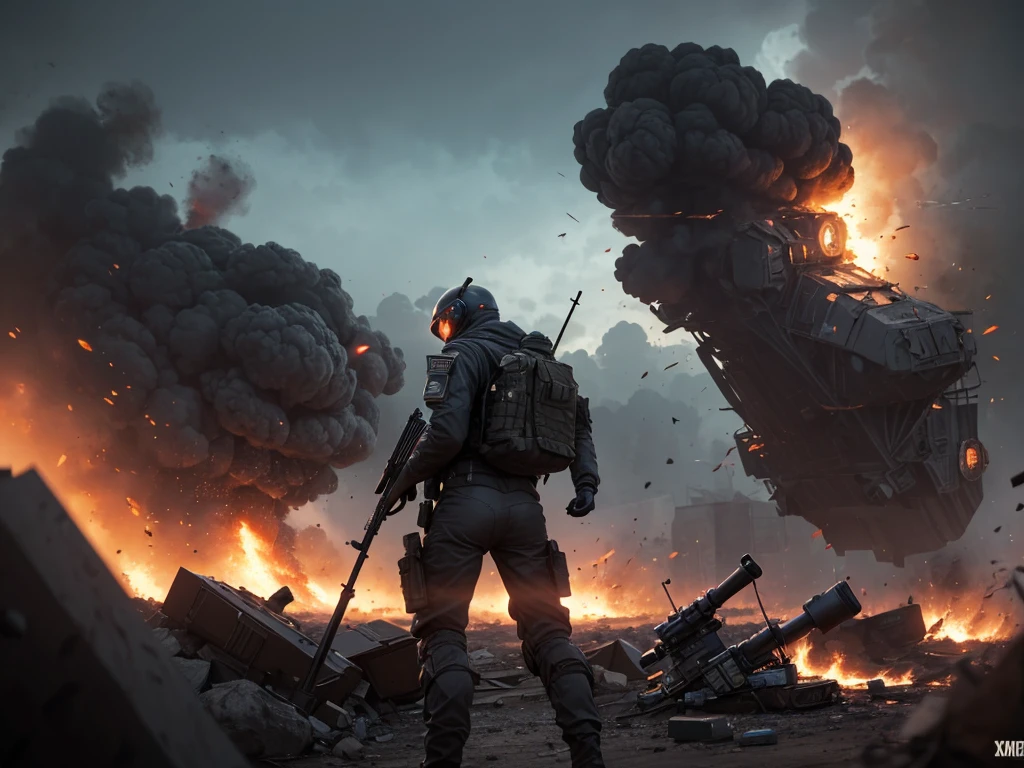 A sniper in an mech-suit with an overly large sniper rifle taking shots at enemies in the distance. you can see the destruction caused by the sniper, explosions, smoke billowing off in the distance. High tech rifle, high tech exo suit