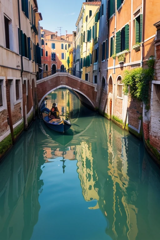 A serene canal scene in Venice, painted in the style of Alfred Sisley, featuring gondolas gently gliding through the water. The composition includes a tranquil waterway flanked by historic buildings, capturing the subtle reflections on the water’s surface. The sky is a soft gradient of blue, adding to the calm atmosphere. Horizontal lines of the canal and vertical lines of the buildings create a balanced and structured composition. Gracefully arched bridges span the canal, drawing the viewer’s eye into the depth of the scene. The gentle play of light and shadow highlights the textures of the architecture and the water. Gondolas, with their gondoliers, navigate the canal, adding a dynamic yet peaceful element. The overall effect is one of peacefulness and gentle beauty, characteristic of Sisley’s impressionist style.