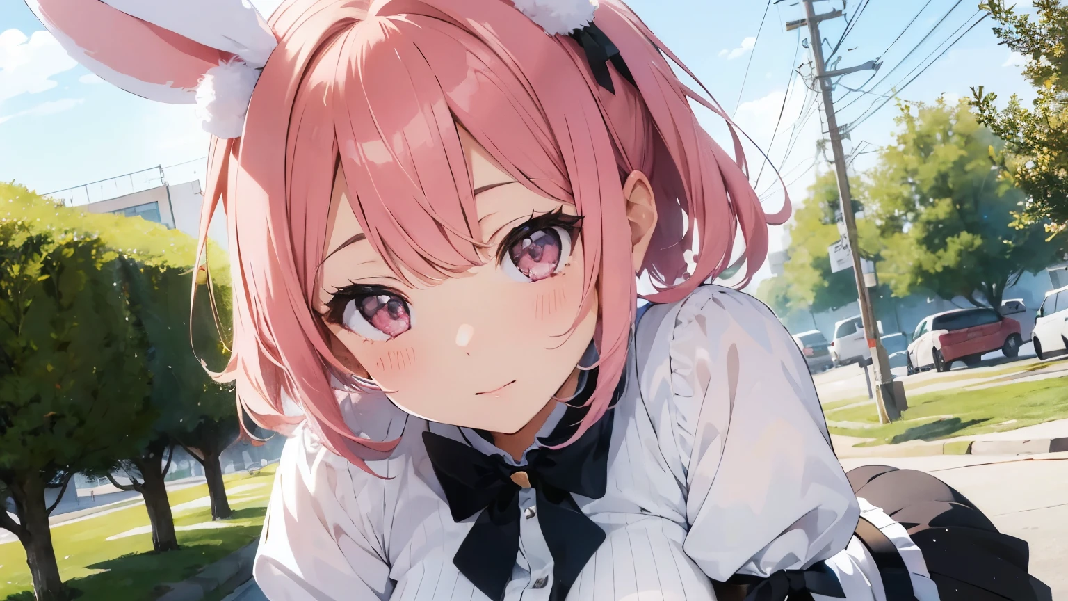 Fluffy bunny ears, Pink short bob,Official art using high quality hand-drawn watercolor sketch techniques. (Highest quality,4K,8K,High resolution,masterpiece:1.2),Super detailed,Beautiful attention to detail,girl with pink eyes, everyone, Beautiful Anime Girls, Cute Anime Girl, Smooth anime art, Anime Style, Elegant colors, Soft lighting, Delicate and beautiful wet eyes, Very coquettish, (Beautiful big breasts:1.2), (The right move:1.2),
