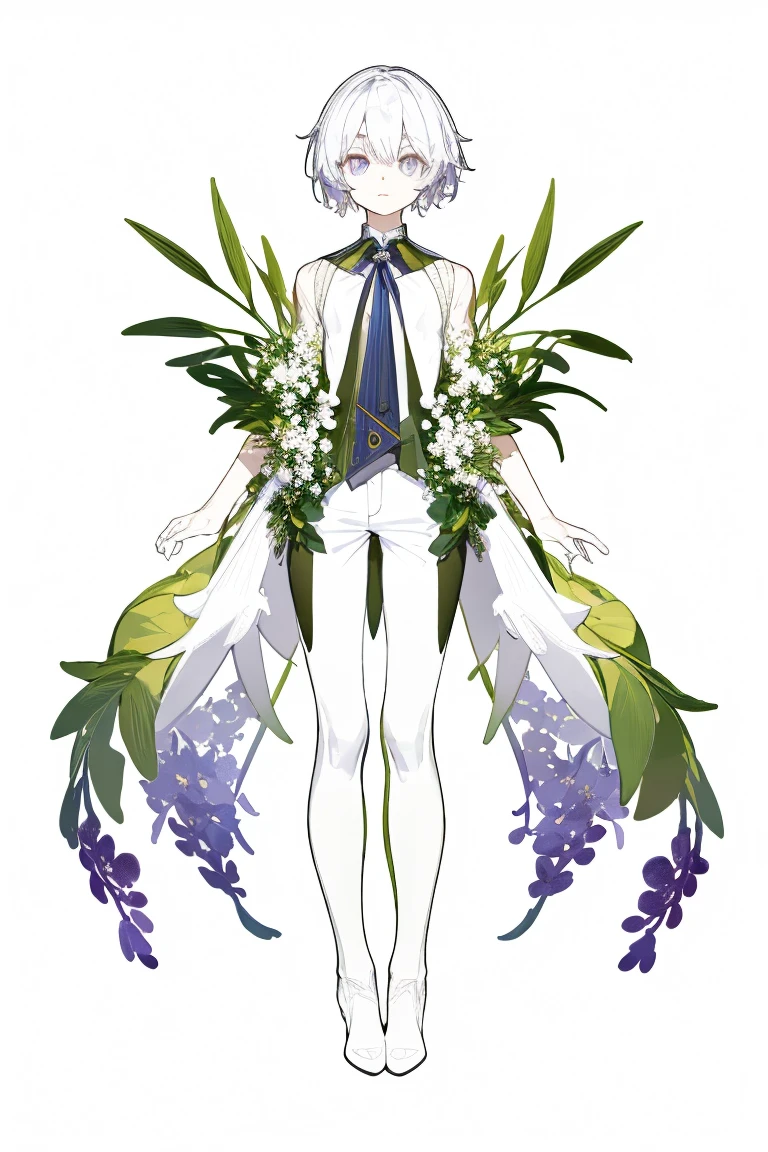 masterpiece, Best lighting, (((Very detailed))), Highest quality, lilac, whole body、whole bodyイラスト、1boy, Forest Fairy, Lily of the valley, ((Mysterious Forest Boy)), Perfect Anatomy,  A cute boy, Great body, Perfect balance,  (((VTuber whole body)), No background, Blank Background, ((((((White Background)))))))