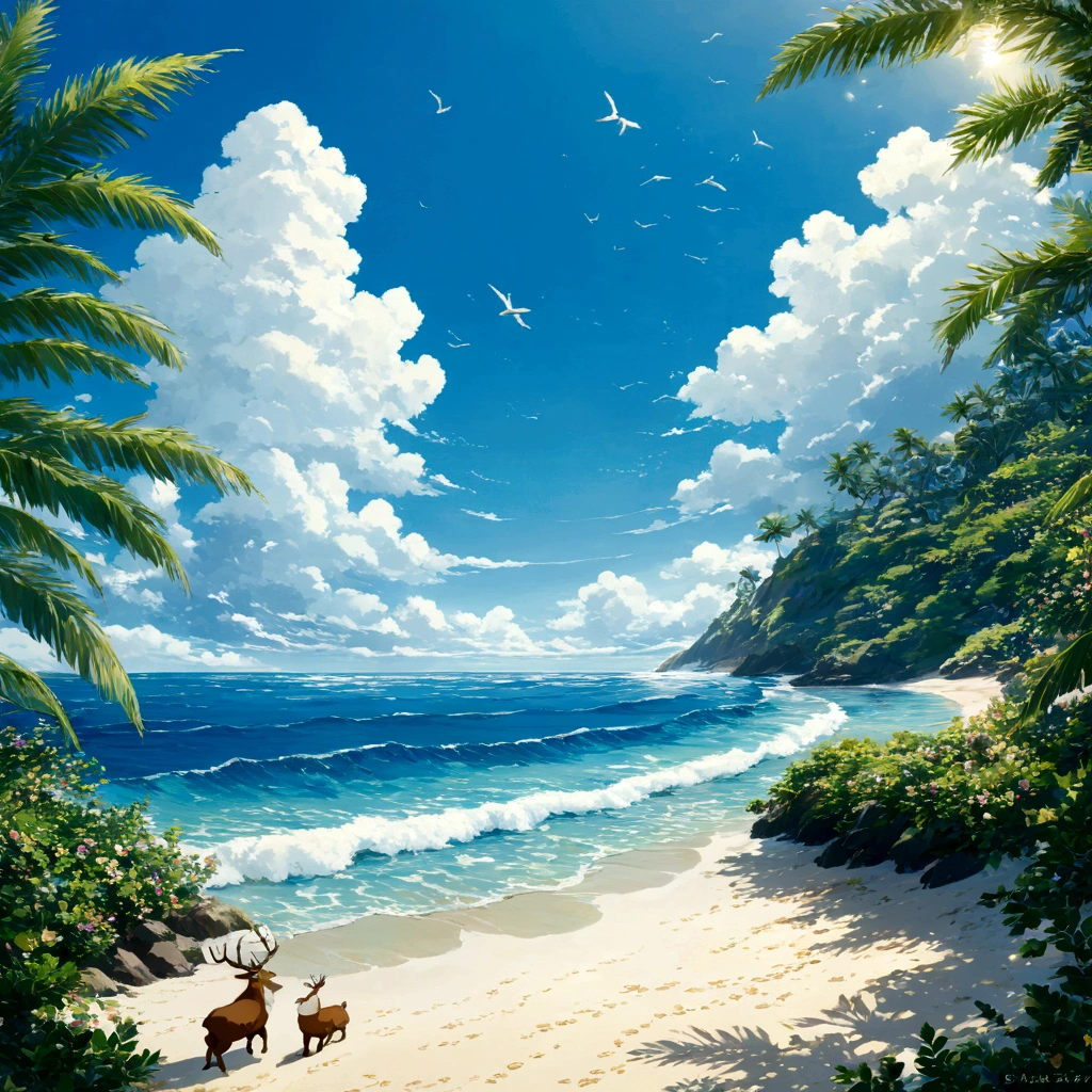 The sun shines々と輝くMidsummerのBeach。There are no cumulonimbus clouds in the blue sky、もこもことした雲のような形のChristmas treeが浮かび、Growing in place of palm trees。エメラルドグリーンのOceanには、Santaクロースが真っ赤なサーフボードにまたがり、I'm eager to ride a big wave.。Santaの赤い帽子は風に飛ばされそうになりながらも、His white beard flutters in the sea breeze.々Shii。On the beach、水着姿のreindeerたちがサングラスをかけたり、Wearing a shell necklace、Santaクロースに「go!Santa!」"。浮き輪やBeachパラソルも赤と白のクリスマスカラーで統一され、comicalで陽気な夏のOceanの風景が広がっている。美ShiiAnime Scenery, Landscape painting, 美Shiiデジタル絵画, Andreas Rocha, 美Shiiアートワークのイラスト, 素晴らShii壁紙, Raymond Han, 背の高い美Shii絵画, スタジオジブリ 新Ocean誠, 美Shii壁紙, Anime Scenery, Santaクロース, reindeer, surfing, Christmas tree, Midsummer, Ocean, Beach, comical, Humans don't draw