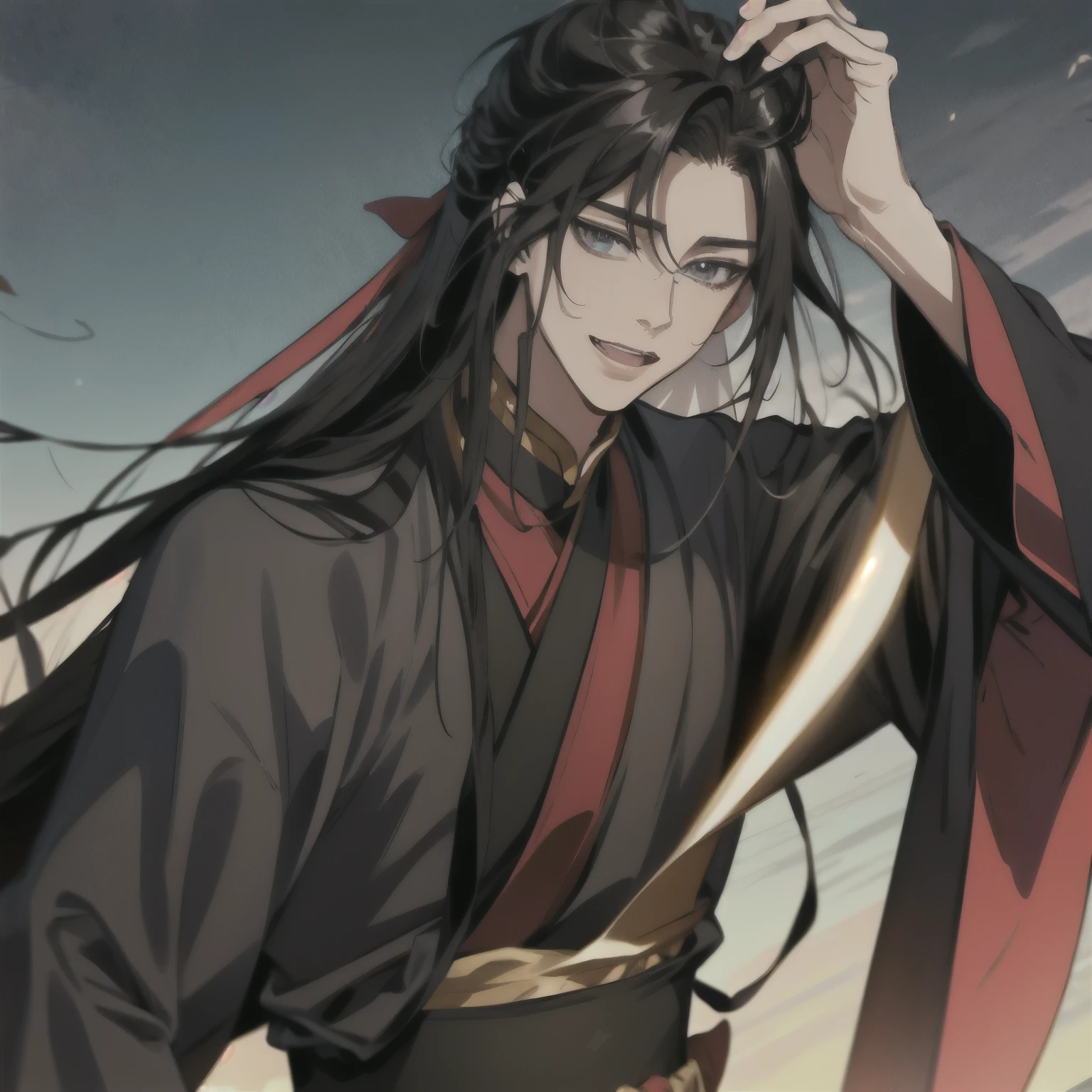 (masterpiece, best quality:1.2), 1male, solo, wei wuxian, mo dao zu shi, mdzs, black clothes, grey eyes, long black hair, perfect anatomy, laugh