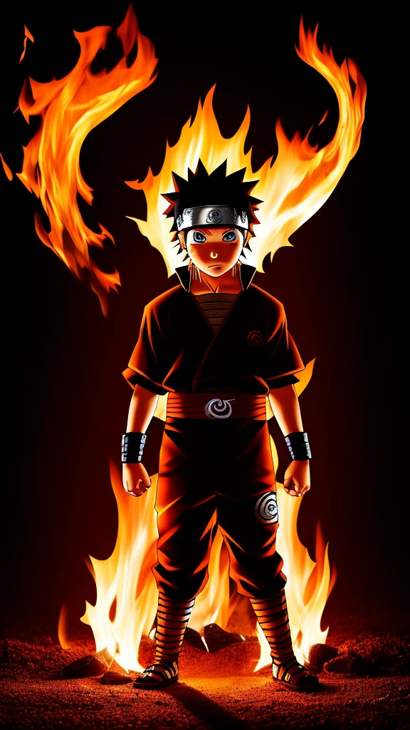 Naruto,1boy, black_background, fire, 9 fox tails,