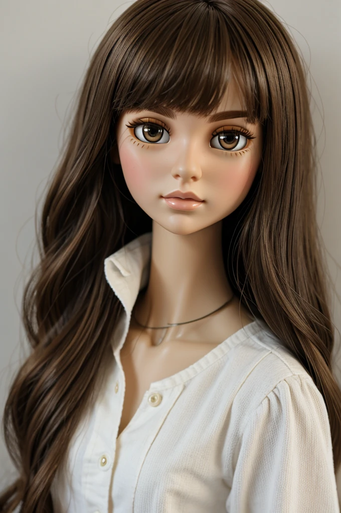 
Blythe doll with side bangs, hazel green eyes slightly drooping, medium to large lips, light complexion and shoulder-length medium-dark brown blonde hair.