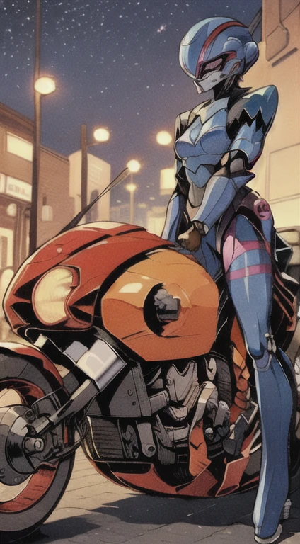 (best quality, masterpiece, ultra-realistic), (full body image), 1woman, solo, extremely stylized, deviant art, masterpiece, highly detailed, futuristic, tight pants, blush, (silicone skinsuit:1.4), boots, small breasts, entire body image, full body shot, perfect anatomy, accurate anatomy, ((wide hips)), ((scifi helmet)), ((small helmet)), ((crouching pose)), ((detailed night time cityscape background))