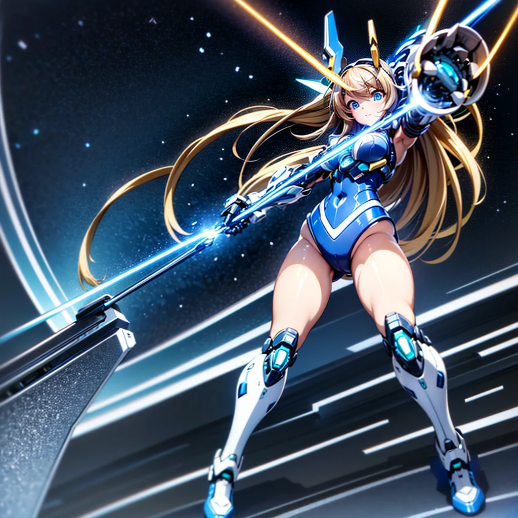 masterpiece, high quality, Cyborgization、Gynoid Cyborg Body、The face is of Minami Kotori.、mechanical parts、Blue and white leotard armor、solo focus、Single image、from front, full body、Mechabare、damage、The body is destroyed, exposing the precision machinery、Barcode on thigh