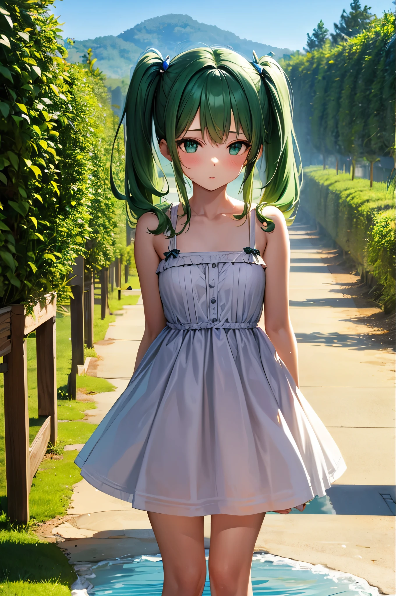 One girl, alone, hair ornaments, Green Hair, Twin tails, Long Hair, dress, water
