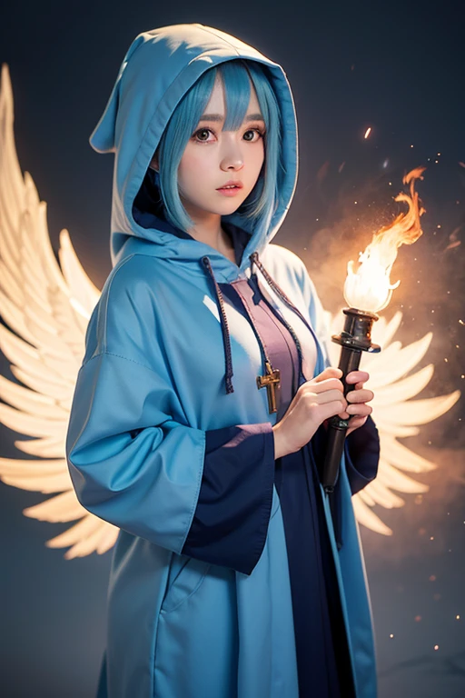 Anime illustration style. Light blue hair, long hair. Large eyes, small mouth, cute face. Age: 16. Cute girl. Occupation: Priestess. Clothing: Navy blue hooded robe, no hood. Background: Priest. Weapon: Bow. Full body image. Using fire magic.