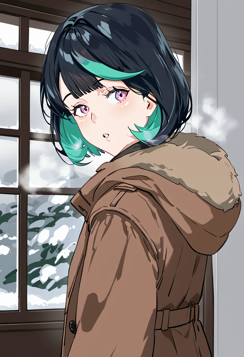 1gir, solo, indoors, black background, black hair, blue eyes, blunt bangs, bob cut, breath, brown coat, coat, 
duffel coat, eyelashes, fur trim, 
fur-trimmed hood, gradient hair, green hair, hood, looking at viewer, looking back, medium hair, multicolored
eyes, multicolored hair, parted lips, 
pink eyes, streaked hair, upper body, winter clothes, winter coat, masterpiece, best quality