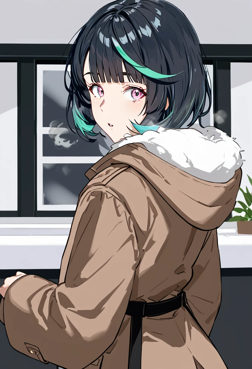 1gir, solo, indoors, black background, black hair, blue eyes, blunt bangs, bob cut, breath, brown coat, coat, 
duffel coat, eyelashes, fur trim, 
fur-trimmed hood, gradient hair, green hair, hood, looking at viewer, looking back, medium hair, multicolored
eyes, multicolored hair, parted lips, 
pink eyes, streaked hair, upper body, winter clothes, winter coat, masterpiece, best quality