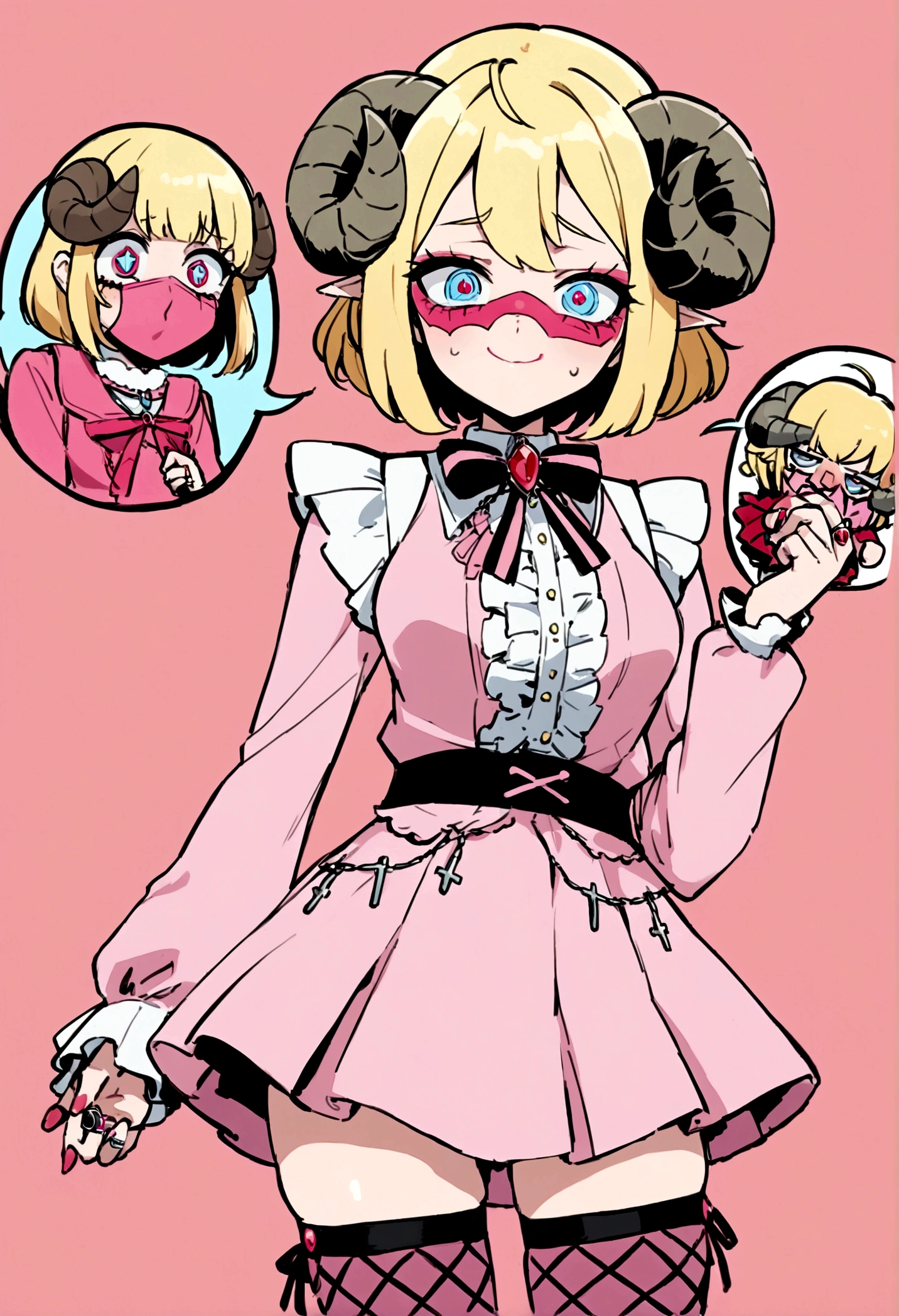 masterpiece, Highest quality, ((1 person)),Yellow Hair,Light blue eyes,Expression of agony,whole body,Manga style,Bob Hair,Landmine makeup,Eyes that feel,((Danmachi style),Sheep horns on the head,Red corners of the eyes,Thigh High,Jiraikei,skirt,ring,gem,ピンク色Thigh High,Pink mouth mask,shirt,cross,ピンクskirt,Frills,Pink Gothic,ribbon,Pink Gothic,Long sleeve,A big smile of scheming,ringみたいに迫ってくる,The costume is pink,