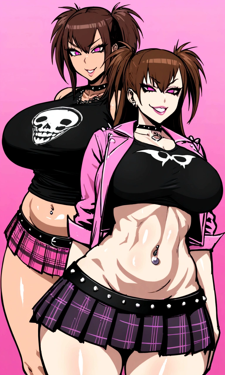 big lips, Brown hair, pink eyes, japanese face, improve, improve grin, two sides up, huge breasts, Wide hips, sexy, detailed, pink room, Hits, (evil smile1.4), kawaii, pleated skirt, punk, GOOD, Pink and black suit, plaid skirt, punk shirt, choker, punk skirt, punk shirt,navel piercing