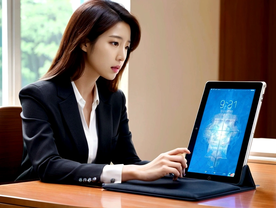 woman in a suit using a tablet computer in a room, working, sun yunjoo, still from a live action movie, park shin hye as a super villain, full device, using a magical tablet, iu lee ji-eun as a super villain, profile pose, [ realistic photo ]!!, shin min jeong, serious business, lazy, elegant look