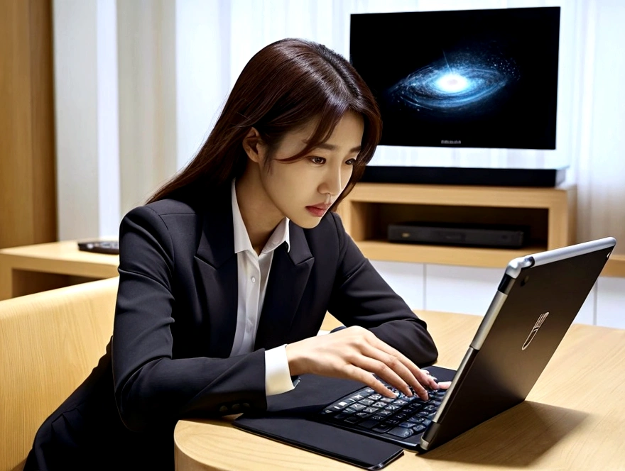 woman in a suit using a tablet computer in a room, working, sun yunjoo, still from a live action movie, park shin hye as a super villain, full device, using a magical tablet, iu lee ji-eun as a super villain, profile pose, [ realistic photo ]!!, shin min jeong, serious business, lazy, elegant look