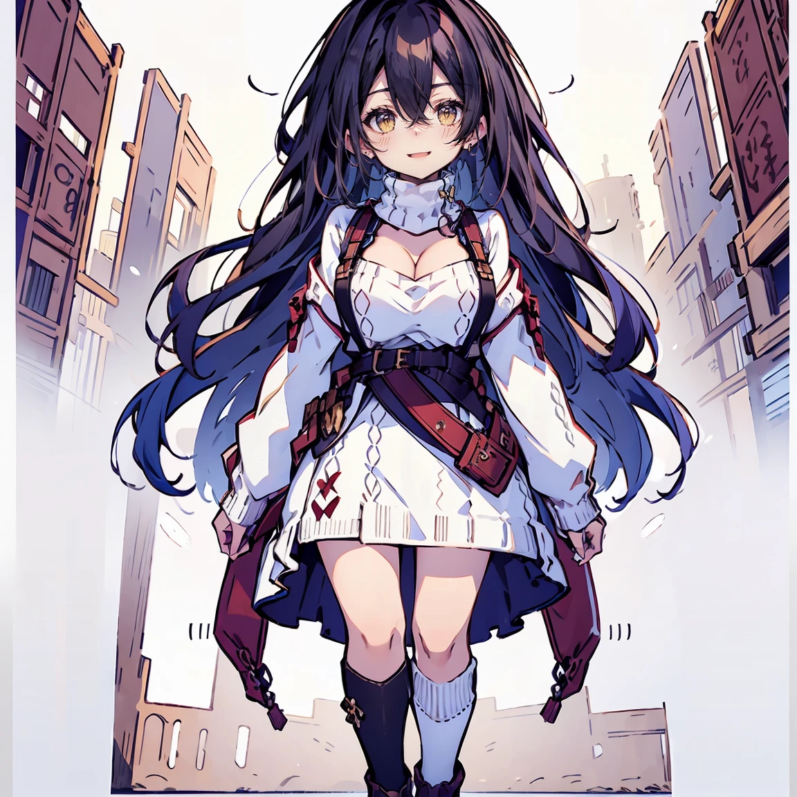 (masterpiece:1.2), (high quality:1.2), (character design sheet, same character, front, side, back:1.55), illustration, (hui xiyi, rekkyo sensen, rekkyou sensen, black hair, bangs, one side up, long wavy hair, hair clips, exposed breasts, tits cleavage, breasts close up, suspenders, dress, belts, blue clothes, frills shirt, white knit sweater, long sleeves, white legwear, single legwear, pumps, full body:1.55), background with(simple background, white background: 1.3))