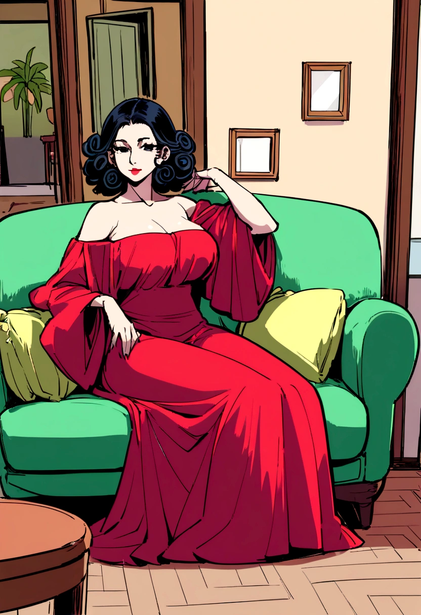 a tall and beautiful woman, 25 ans, with curly black hair and black eyes, small-nose, Red lips, Latin American, Brazilian, porter une robe noire avec une taille cintrée, in a closed environment, being the living room of'an apartment with sofa and chairs.