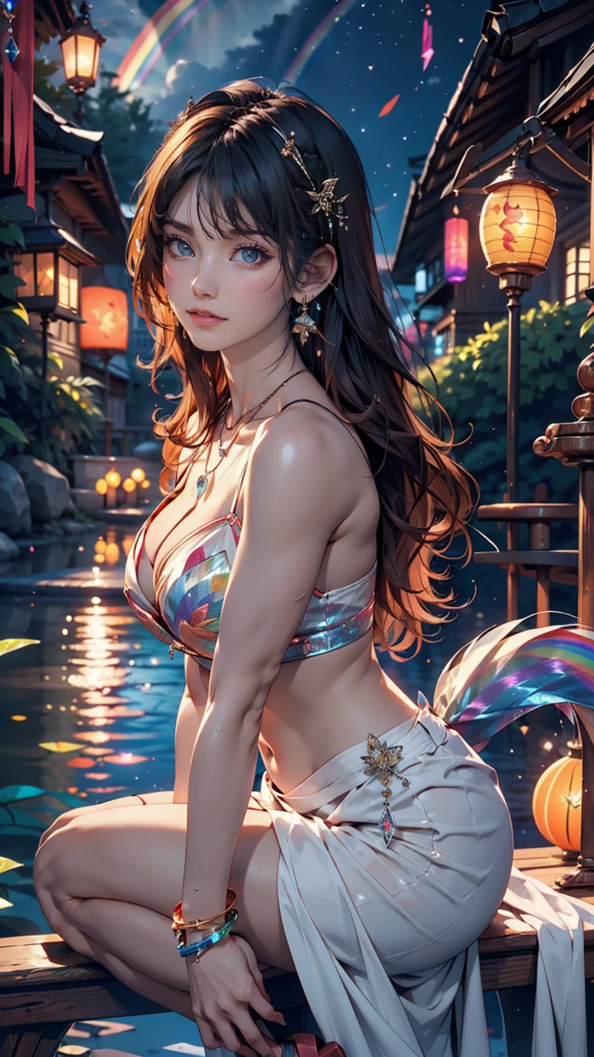 24-year-old female、Sexy proportions、Sexy、Narrow waist、Wear jewellery on your wrist、Attach a necklace、Wear platform sandals、Side Tail((side drill))、Crystal Earrings((crystal earrings))、A seductive smile((seductive smile))、Headpiece((hair ornament))、Rainbow Hair((rainbow hair))、erotic、Cleavage Emphasis、Many lanterns are flying in the night sky、Riding a boat on the lake at night