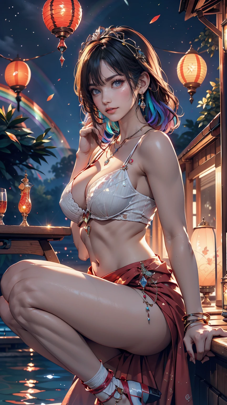 24-year-old female、Sexy proportions、Sexy、Narrow waist、Wear jewellery on your wrist、Attach a necklace、Wear platform sandals、Side Tail((side drill))、Crystal Earrings((crystal earrings))、A seductive smile((seductive smile))、Headpiece((hair ornament))、Rainbow Hair((rainbow hair))、erotic、Cleavage Emphasis、Many lanterns are flying in the night sky、Riding a boat on the lake at night