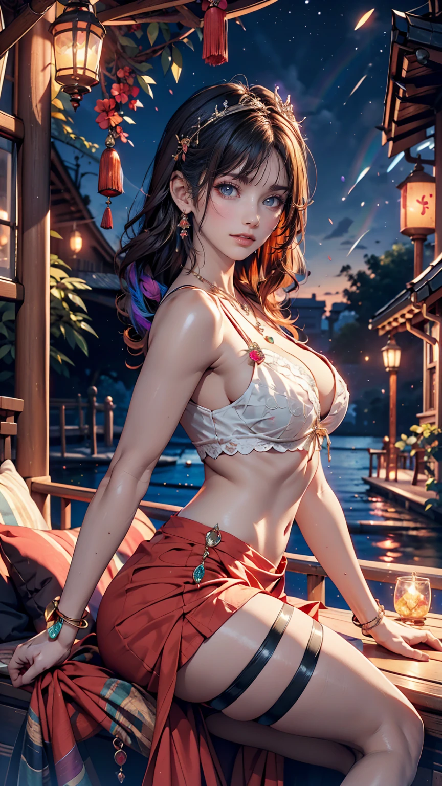 24-year-old female、Sexy proportions、Sexy、Narrow waist、Wear jewellery on your wrist、Attach a necklace、Wear platform sandals、Side Tail((side drill))、Crystal Earrings((crystal earrings))、A seductive smile((seductive smile))、Headpiece((hair ornament))、Rainbow Hair((rainbow hair))、erotic、Cleavage Emphasis、Many lanterns are flying in the night sky、Riding a boat on the lake at night