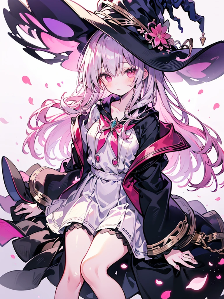 (masterpiece),((highest quality)),(Perfect Anatomy),(1 girl in witch hat:1.2), Magical girl,magical girl clothes, long pink hair, Beautiful and exquisite red eyes, pale skin, Slender, like a dream and happiness atmosphere, High Fantasy,dreamy digital painting, magical colors and atmosphere,soft lighting, fantasy art,small breasts,sideways glance,wonderful spring flower mood