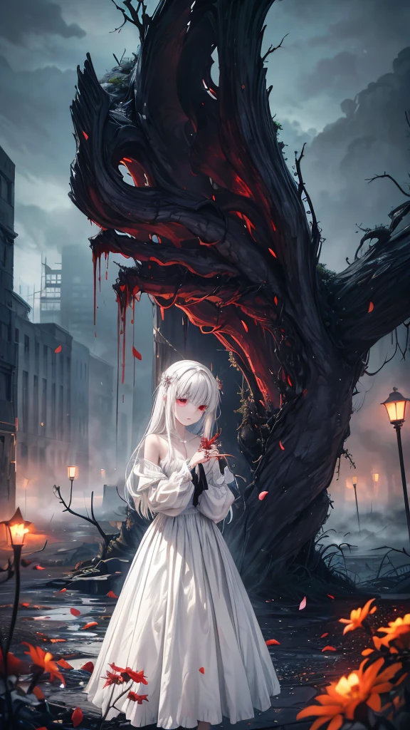 (best quality,highres,ultra-detailed,photorealistic:1.2),dark abyss,sinister,white dress girl,pale,lifeless skin,holding bright red spider lilies,subtle glowing lights,apocalyptic,ruined town,disintegrating buildings,,ominous clouds,blood moon,cracked ground,withered trees,overgrown vines,moonlight casting eerie shadows,creepy silence,distant howling wind,foreboding atmosphere,desolate streets,falling petals,hauntingly beautiful,loneliness in the air,lost souls wandering,weaving webs of despair,darkness prevails,embrace of the unknown.