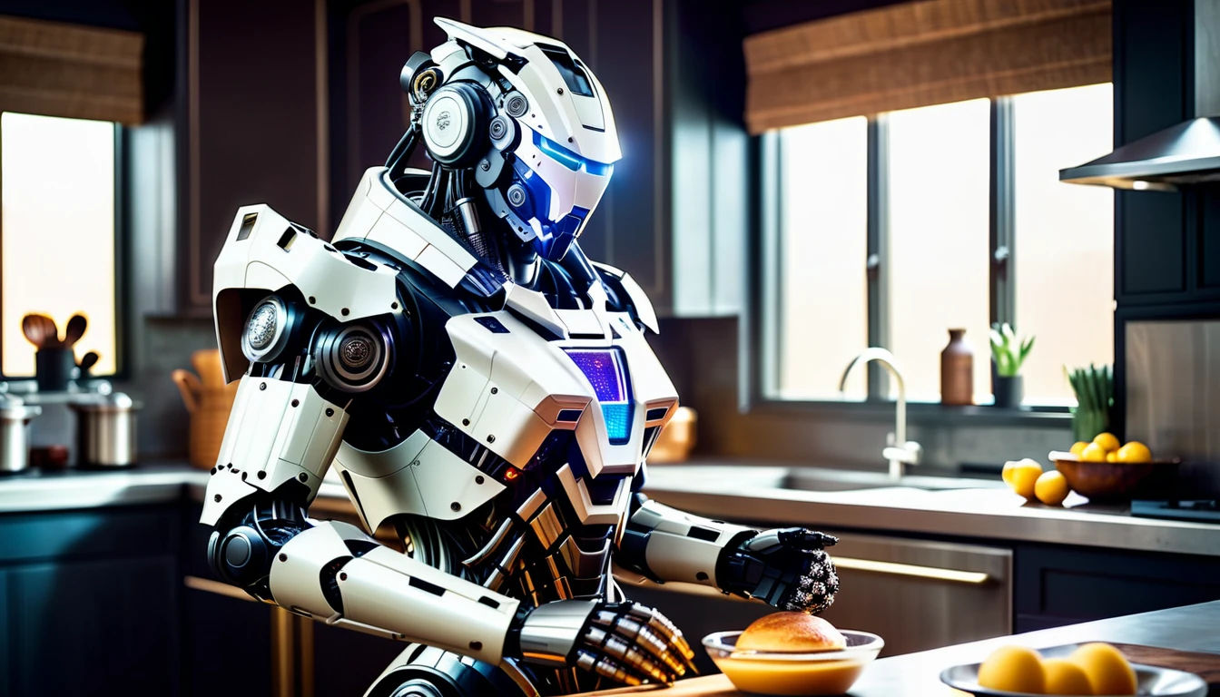 Full body shot of a humanoid cyborg robot stands by the stove and cooks pancakes in a pan in a modern kitchen. The humanoid cyborg robot have armor and ((circuits and colored LEDs)) are embedded in. The cyborg armor made of different metallic materials, adorned in scratched and tarnished armor reminiscent of a bygone era. The armor is textured, distressed, vintage, edgy, dirty, intricate, tubes and cables. Photorealistic surface of the robot, high tech, cybertech, made of different materials. Natural lights, neutral colors, lomochrome, vintage color tones, dramatic, dynamic composition.Lifelike textures, sharp focus, depth of field, cinematic lighting, Contrast lighting, volumetric lighting, best shadows,Realism, Cinematic, Photoreal, 35mm film, Screengrab a Super Panavision film, in color. Best quality , hdr, uhd, 8k, analog camera shot.