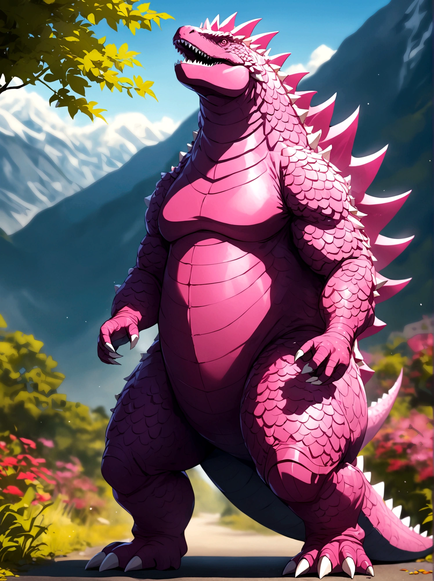 solo, full body, outdoors, blurry, no humans,pink godzilla