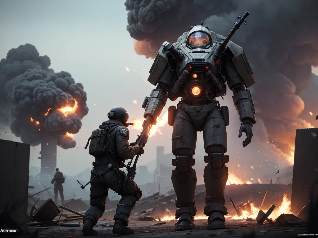 A sniper in an mech-suit with an overly large sniper rifle taking shots at enemies in the distance. you can see the destruction caused by the sniper, explosions, smoke billowing off in the distance. High tech rifle, high tech exo suit