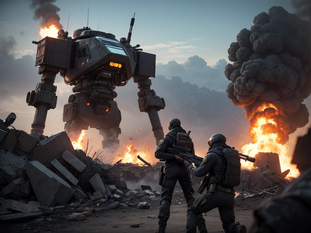 A sniper in an mech-suit with an overly large sniper rifle taking shots at enemies in the distance. you can see the destruction caused by the sniper, explosions, smoke billowing off in the distance. High tech rifle, high tech exo suit
