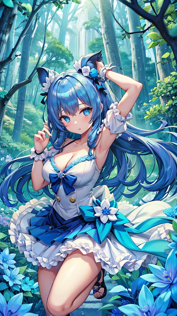 Masterpiece、Highest quality、Super detailed、1 girl、(Big Tits)、Fluffy and soft long hair、Blue Eyes、Cleavage、Navy Blue Hair、Pretty Cure、Mysterious Forest