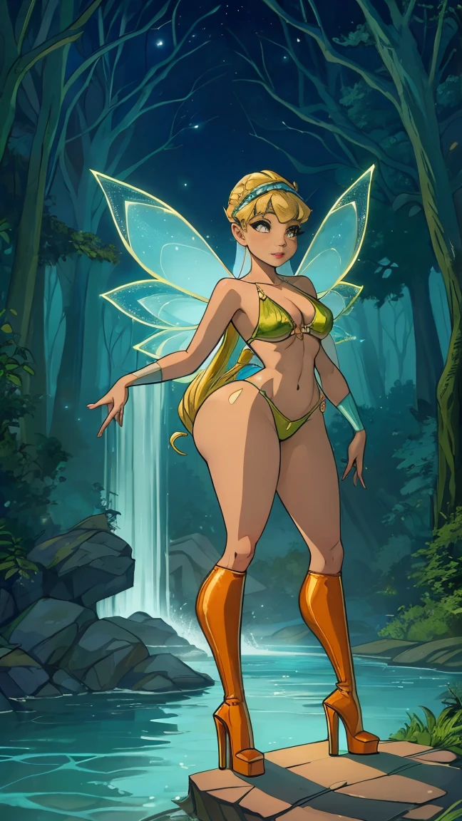 Little clothes, (girl,fullbody,thick thighs),(pevetido intentions),(fairy,bikini),(high heels),(fairy wings),(magical forest),(night),(magic in the air), night magical forest, magical energy in the air, waterfall, river, Stone staircase With water.Five perfect fingers 