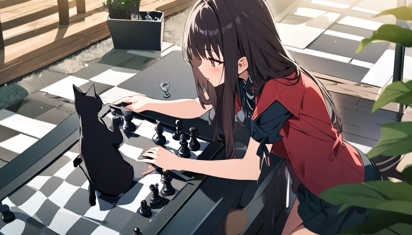 Girl playing chess with black cat