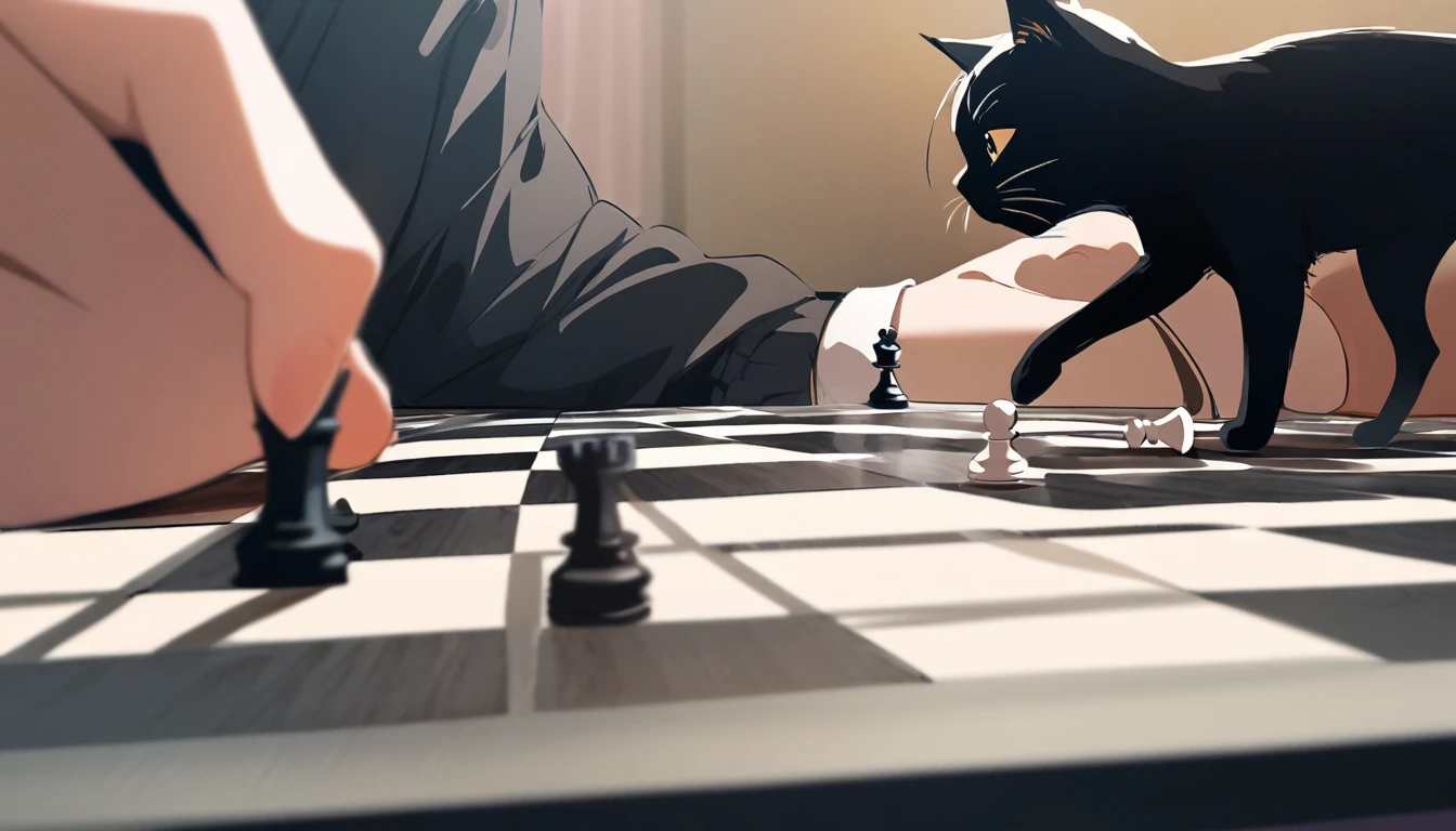 Girl playing chess with black cat