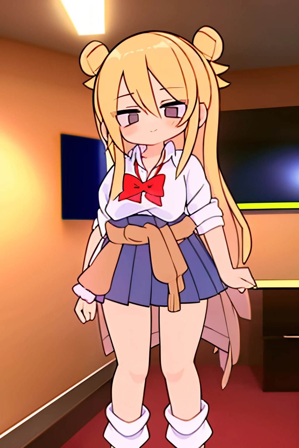 1girl, solo, skirt, socks, double bun, gyaru, shirt, hair bun, blonde hair, white shirt, long hair, loose socks, wrist scrunchie, scrunchie, clothes around waist, white socks, red bow, bow, collared shirt, red bowtie, bowtie, school uniform, pleated skirt, facing viewer, blue skirt, cardigan around waist, sleeves rolled up, kogal, blush, loose bowtie, hair between eyes, brown cardigan