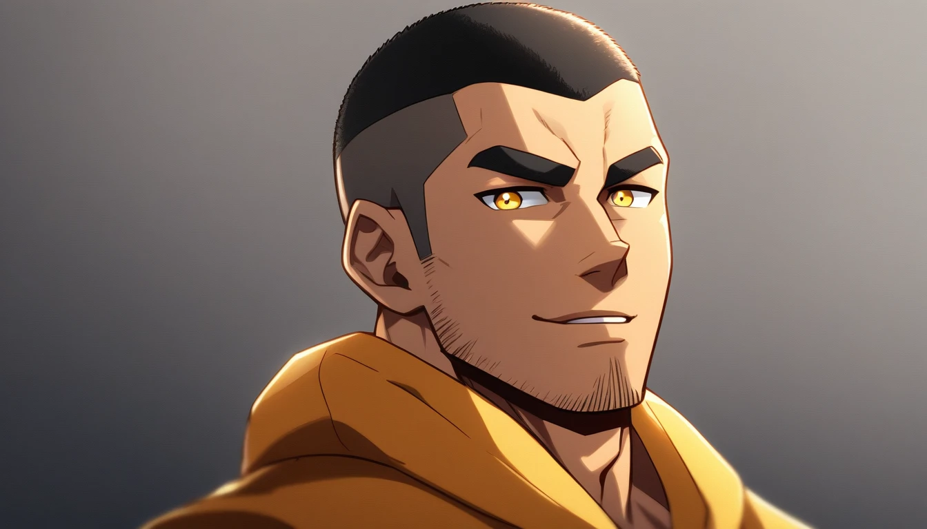 anime characters：Gyee, Young Muscle Sports Teacher, negro black skin, Buzz Cut, Manliness, male focus, Dark red long-sleeved hooded sweatshirt, Very tight, muscular male, muscular, only, Upper body, alone, Black short hair, Thick eyebrows, stubble, Yellow eyes, Grey background, simple background, amazing quality, best aesthetics, Ridiculous, bright pupils, crew cut, parted lips, seductive smile, torogao, naughty face, best quality