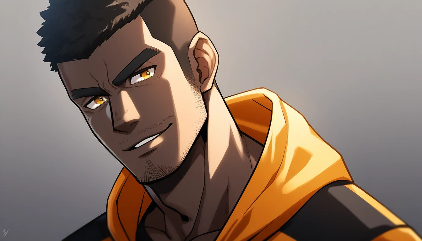 anime characters:Gyee, Young Muscle Sports Teacher, negro black skin, Buzz Cut, Manliness, male focus, Dark red long-sleeved hooded sweatshirt, Very tight, muscular male, muscular, only, Upper body, alone, Black short hair, Thick eyebrows, stubble, Yellow eyes, Grey background, simple background, amazing quality, best aesthetics, Ridiculous, bright pupils, crew cut, parted lips, seductive smile, torogao, naughty face, best quality