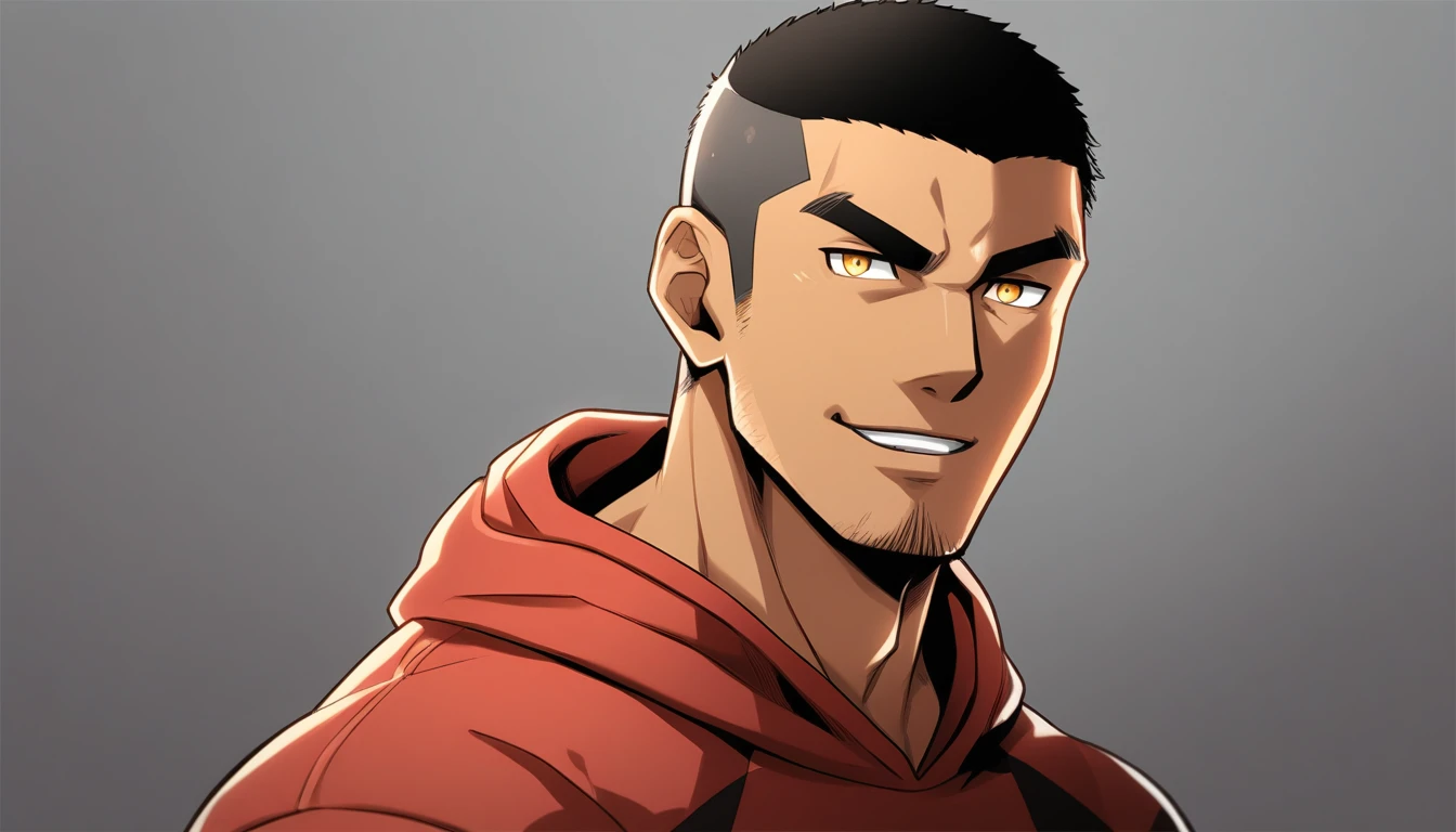 anime characters:Gyee, Young Muscle Sports Teacher, negro black skin, Buzz Cut, Manliness, male focus, Dark red long-sleeved hooded sweatshirt, Very tight, muscular male, muscular, only, Upper body, alone, Black short hair, Thick eyebrows, stubble, Yellow eyes, Grey background, simple background, amazing quality, best aesthetics, Ridiculous, bright pupils, crew cut, parted lips, seductive smile, torogao, naughty face, best quality