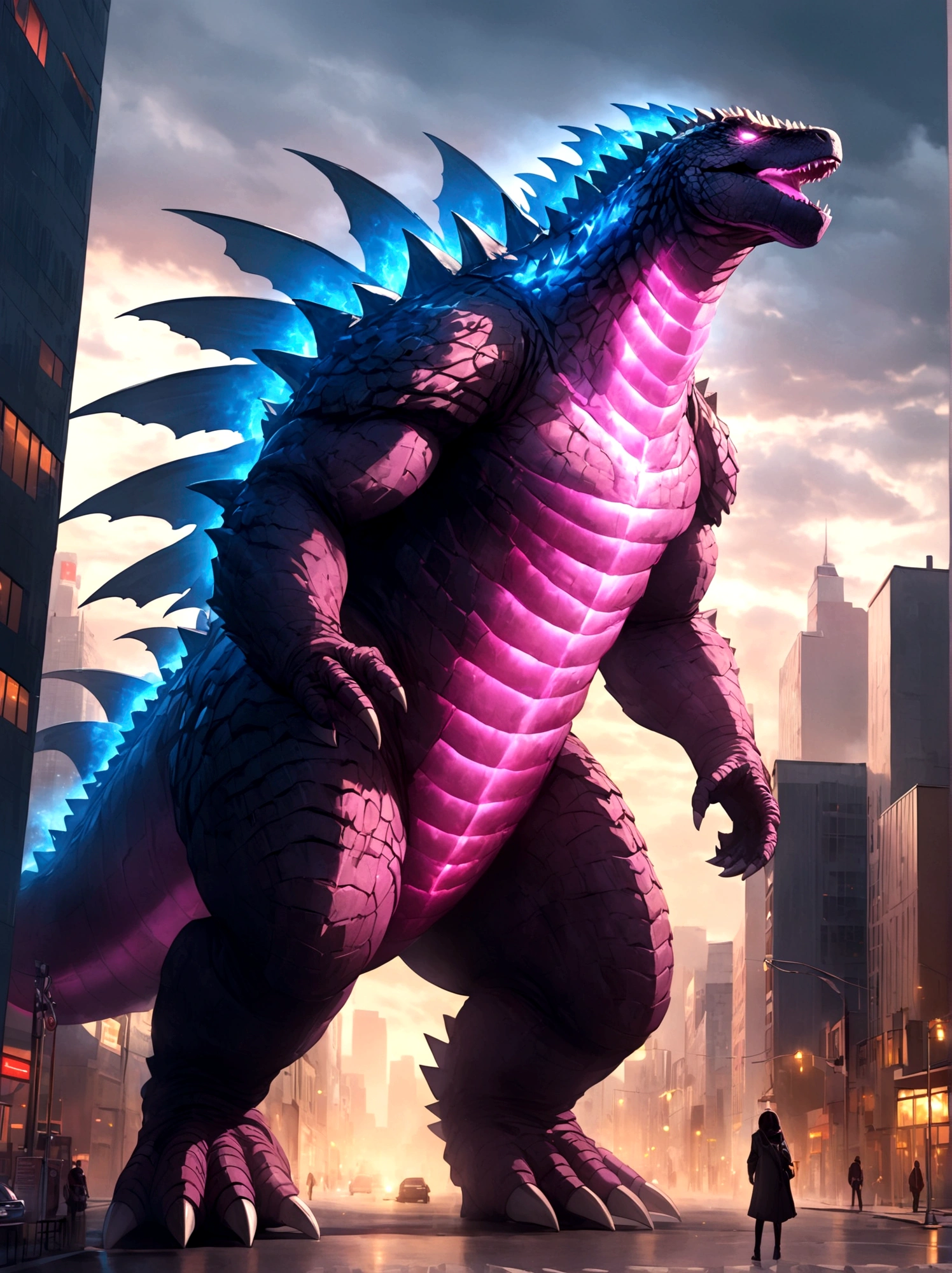 solo, full body, outdoors, city, glowing, building, no humans,pink godzilla