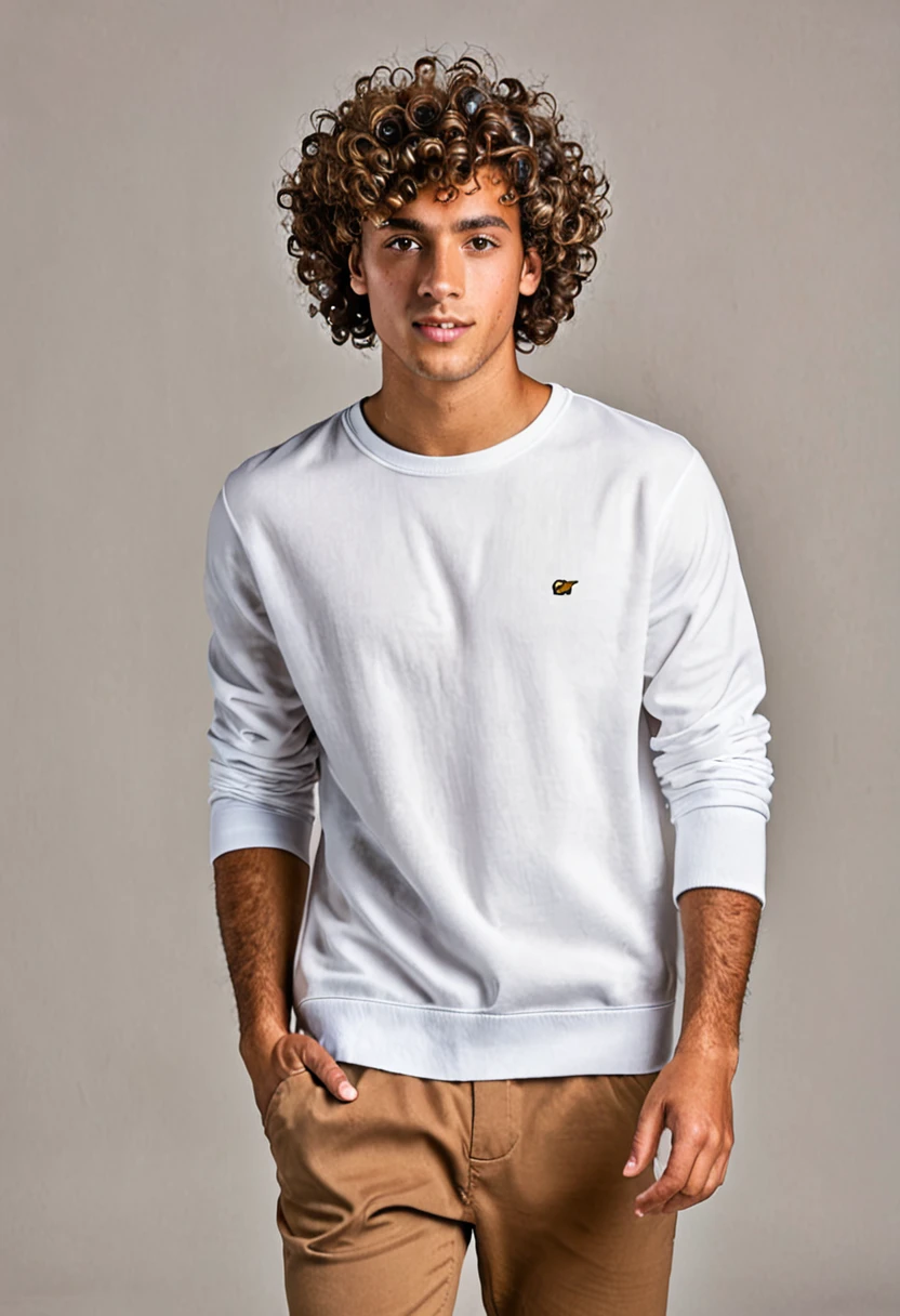 Young tanned man with curly hair and 21st century style clothing