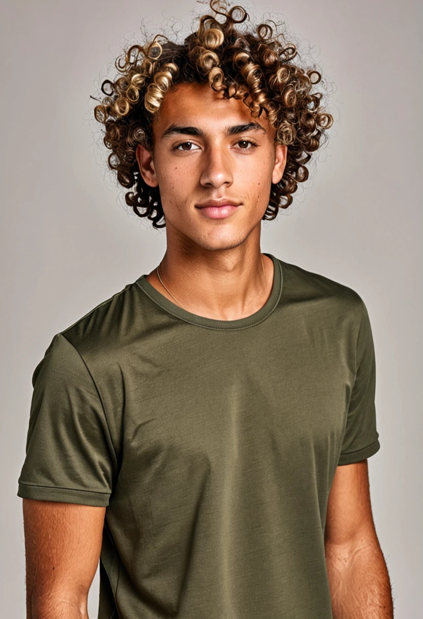 Young tanned man with curly hair and 21st century style clothing