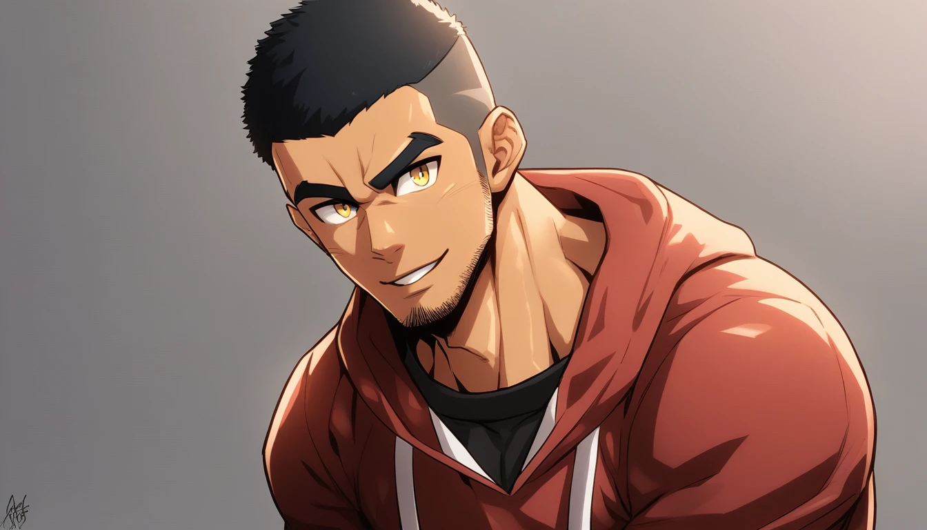 anime characters：Gyee, Young Muscle Sports Teacher, negro black skin, Buzz Cut, Manliness, male focus, Dark red long-sleeved hooded sweatshirt, Very tight, muscular male, muscular, only, Upper body, alone, Black short hair, Thick eyebrows, stubble, Yellow eyes, Grey background, simple background, amazing quality, best aesthetics, Ridiculous, bright pupils, crew cut, parted lips, seductive smile, torogao, naughty face, best quality